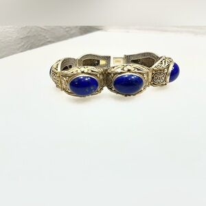 Vintage Chinese Deco Style Lapis Lazuli Enamel Gilt Silver Filigree Bracelet 9”